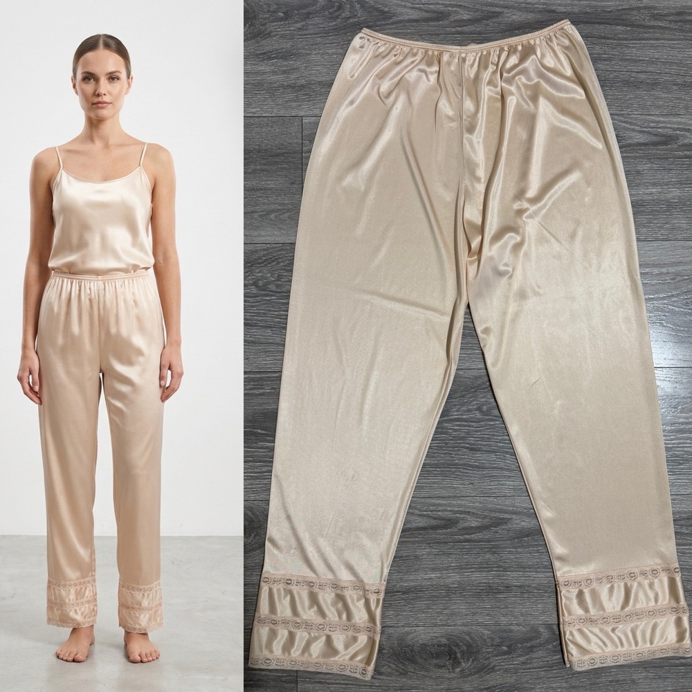 Vintage Kayser Pajama Pants Beige Antron III Nylon Lace Trim Size S Made in USA